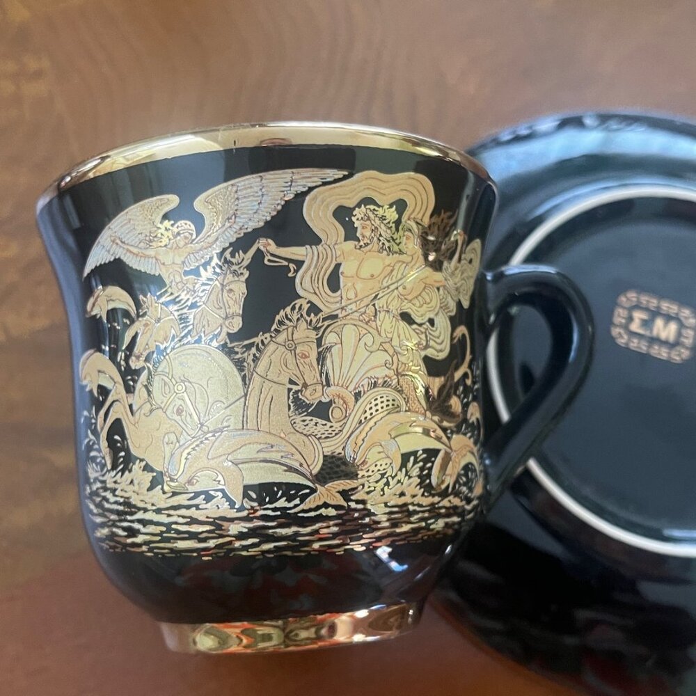 24K Gold TEACUP & SAUCER Hand Made Greece Greek Mythology Prints Gold Black